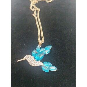 Light Blue Crystal Wing & Clear Rhinestone Hummingbird Necklace 20" Chain